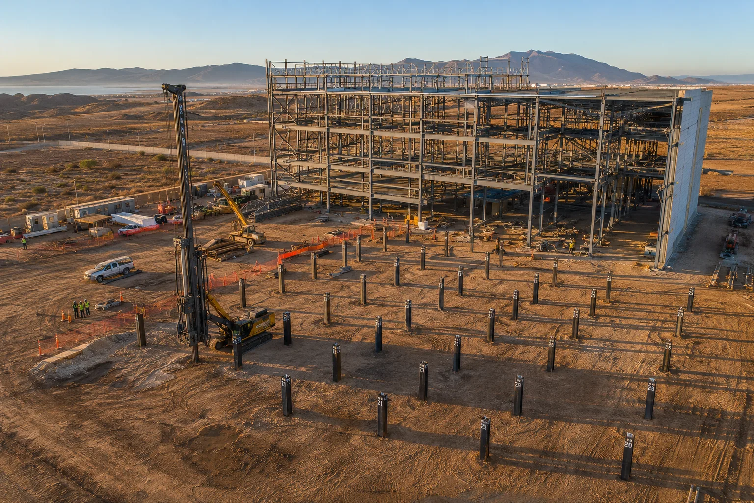 Vista aérea de una nave industrial en construcción sobre cimentación de pilotes hincados, con la retícula de pilotes visible bajo la estructura de acero