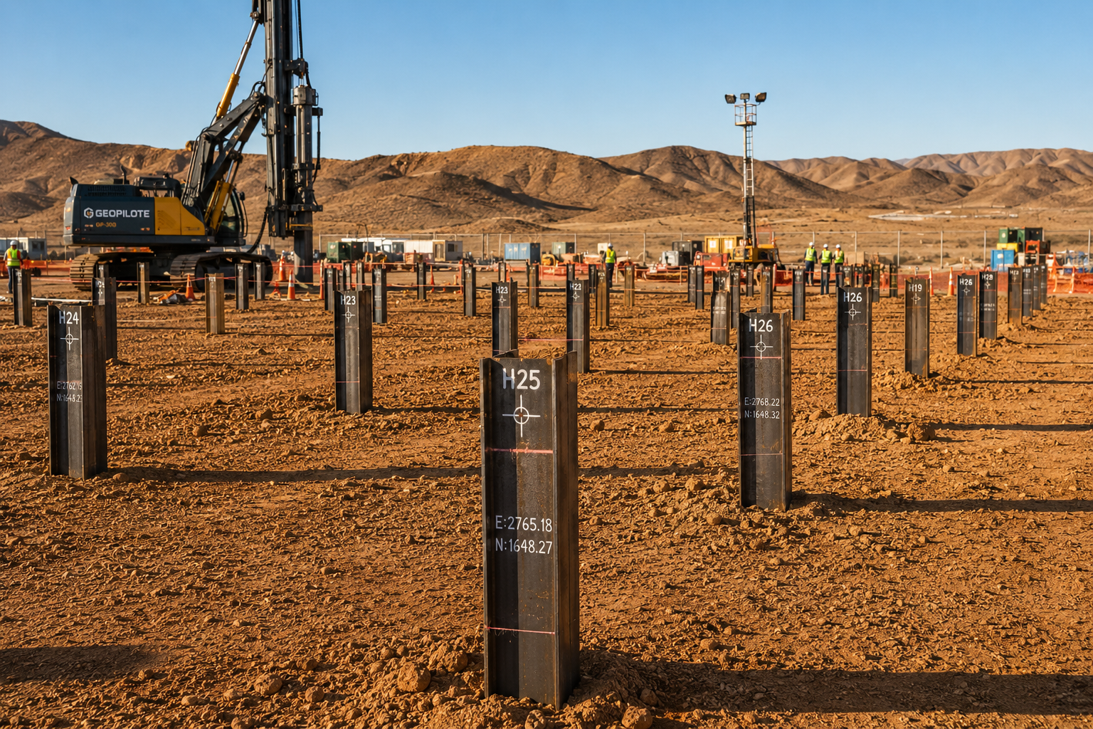 Grid de pilotes instalados en Baja California mostrando costos de cimentación profunda